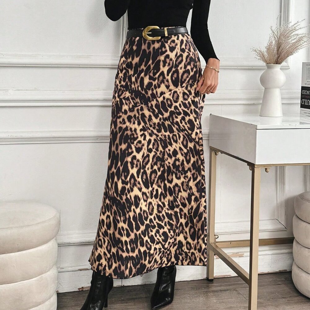 Multicolor Elegant Women's Casual High-Waisted Leopard Print Long Skirt - Picture 1 of 6
